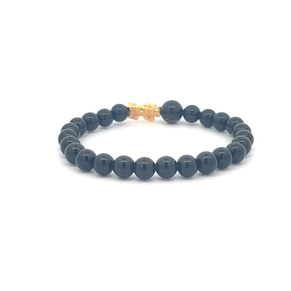 18K Gold Pixiu Piyao Bracelet Gemstones Onyx 6mm Elastic Bracelet Letter V - Picture 3 of 6